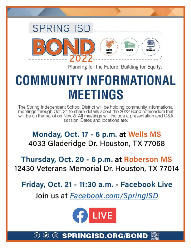 SpringISD's tweet photo. Do you have questions regarding the #SpringBond2022? Make sure to attend one of the following Bond Community Informational Meetings! TODAY: 6pm at @WellsWolverines, THURSDAY: 6pm at @RobersonSpring and FRIDAY: Facebook Live. 💻 https://t.co/1ERBxaFu4Q