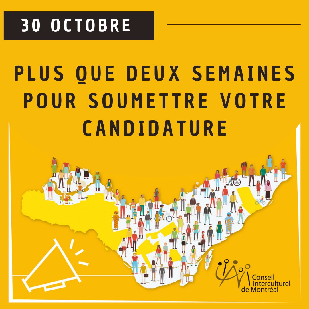 ⏳Faites vite ! Il ne vous reste plus que deux semaines pour soumettre votre candidature en tant que membre bénévole du Conseil interculturel de Montréal.
💡Pour en savoir plus  : bit.ly/3ADv5kC