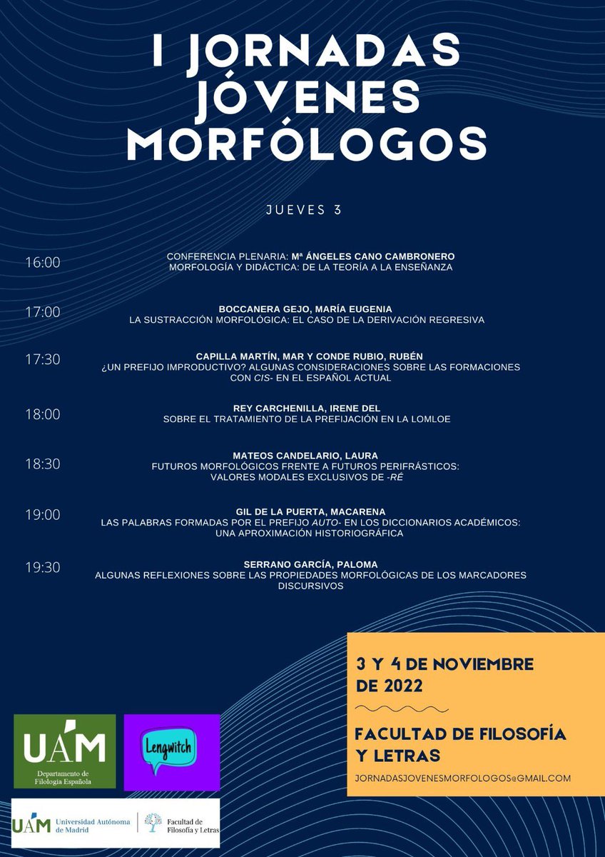 JMorfologos's tweet photo. 🗣️ Ya tenéis disponible el programa de las I Jornadas para Jóvenes Morfólogos. 

Si queréis asistir, presencial o virtualmente, podéis rellenar el formulario en el siguiente enlace: https://t.co/xhjf2CIhnj 

¡Nos vemos muy pronto! 🥰 https://t.co/LM86Z1fKuG