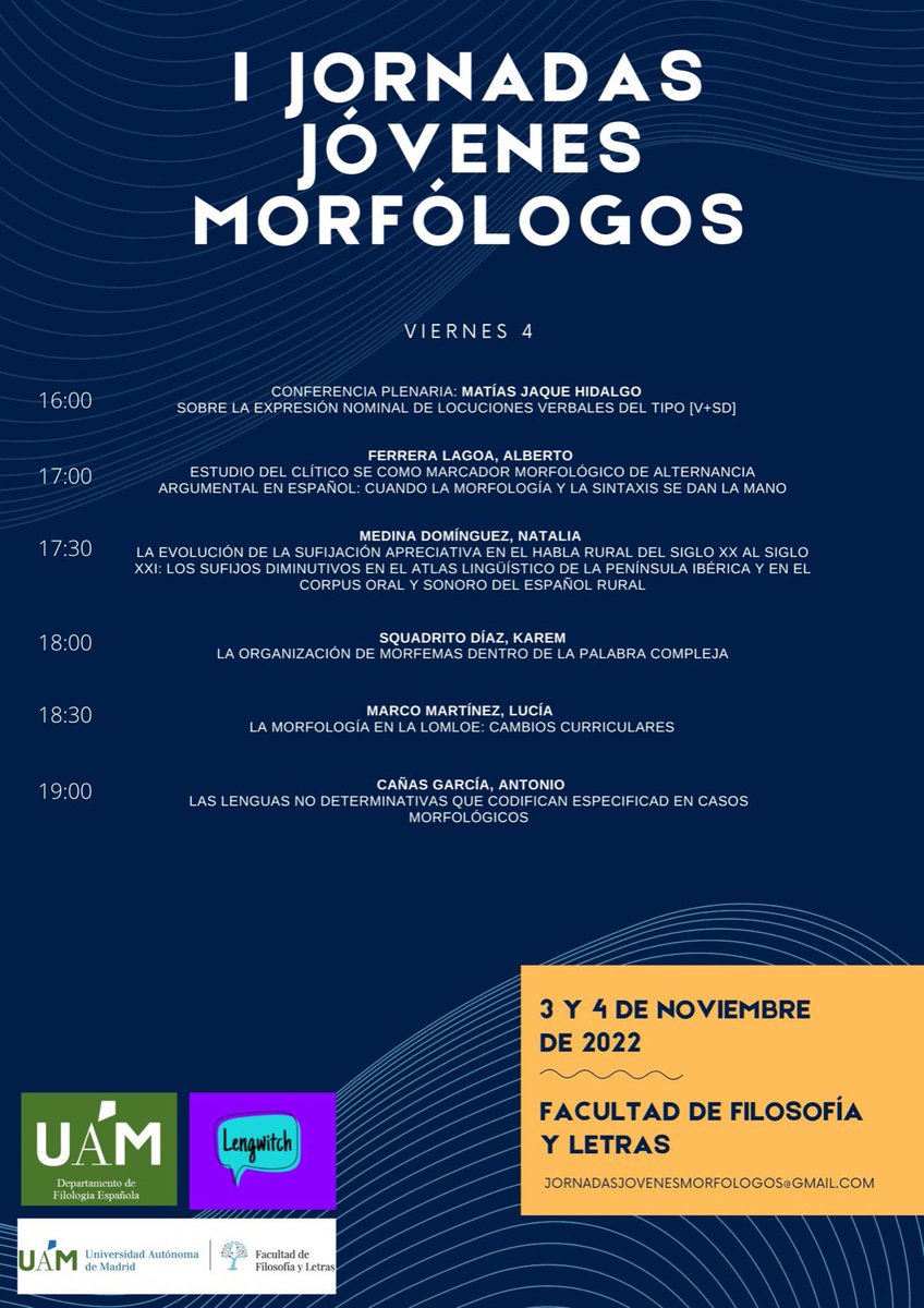JMorfologos's tweet photo. 🗣️ Ya tenéis disponible el programa de las I Jornadas para Jóvenes Morfólogos. 

Si queréis asistir, presencial o virtualmente, podéis rellenar el formulario en el siguiente enlace: https://t.co/xhjf2CIhnj 

¡Nos vemos muy pronto! 🥰 https://t.co/LM86Z1fKuG