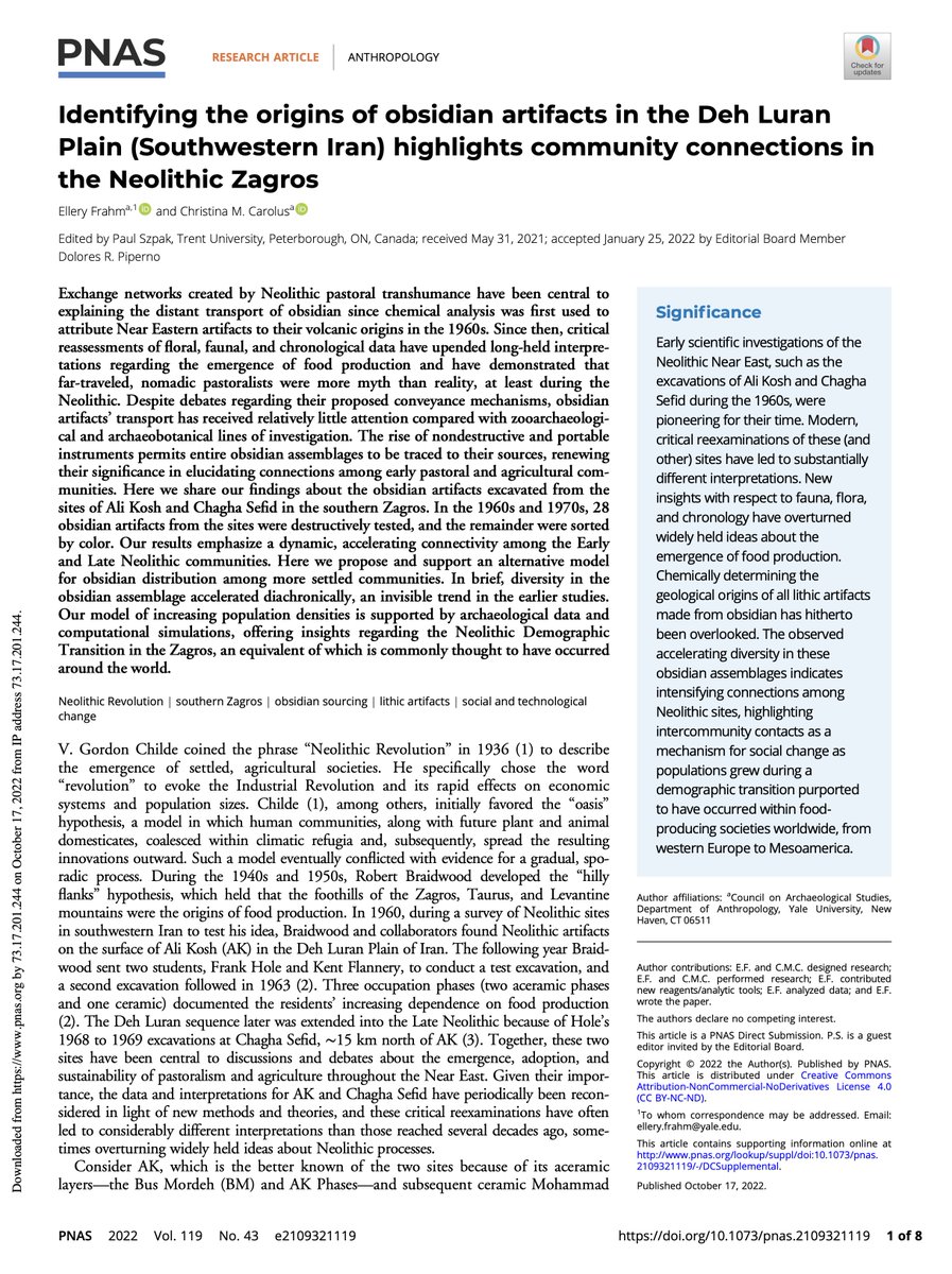 elleryfrahm's tweet photo. Here's the front page of my hot-off-the-press PNAS article with @CM_Carolus and a link directly to it: https://t.co/WWXugVLK5u – we explore how sourcing obsidian artifacts can highlight  settlement pattern changes during the Neolithic period. https://t.co/lXVpGe7mUL
