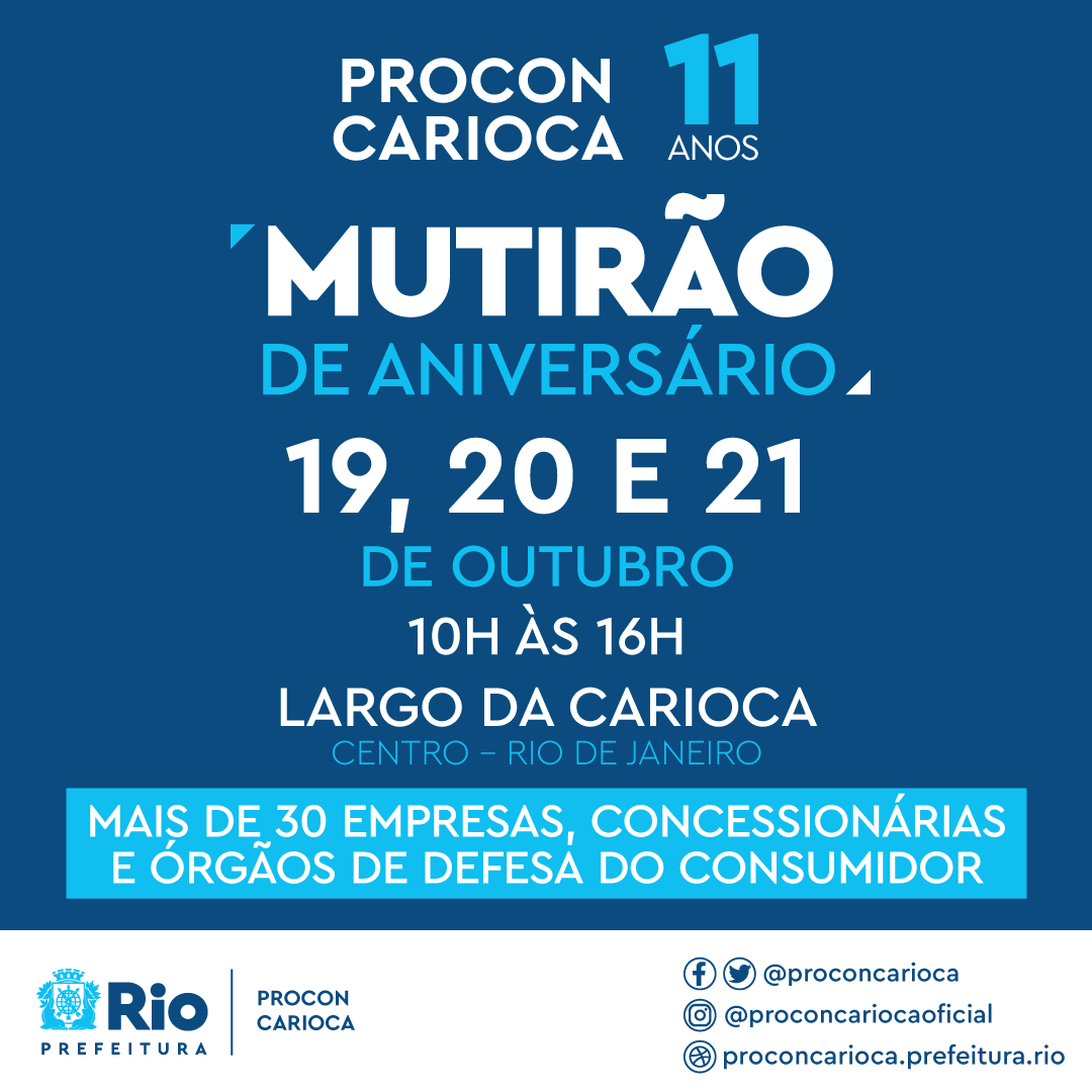 ProconCarioca's tweet photo. O Procon Carioca completa 11 anos nesta terça-feira (18) e, para celebrar, realiza um mutirão de conciliação e serviços, com mais de 30 empresas, entre concessionárias, instituições financeiras e empresas de telecomunicações.
#prefeituradorio #proconcarioca https://t.co/wv2P38hBTA