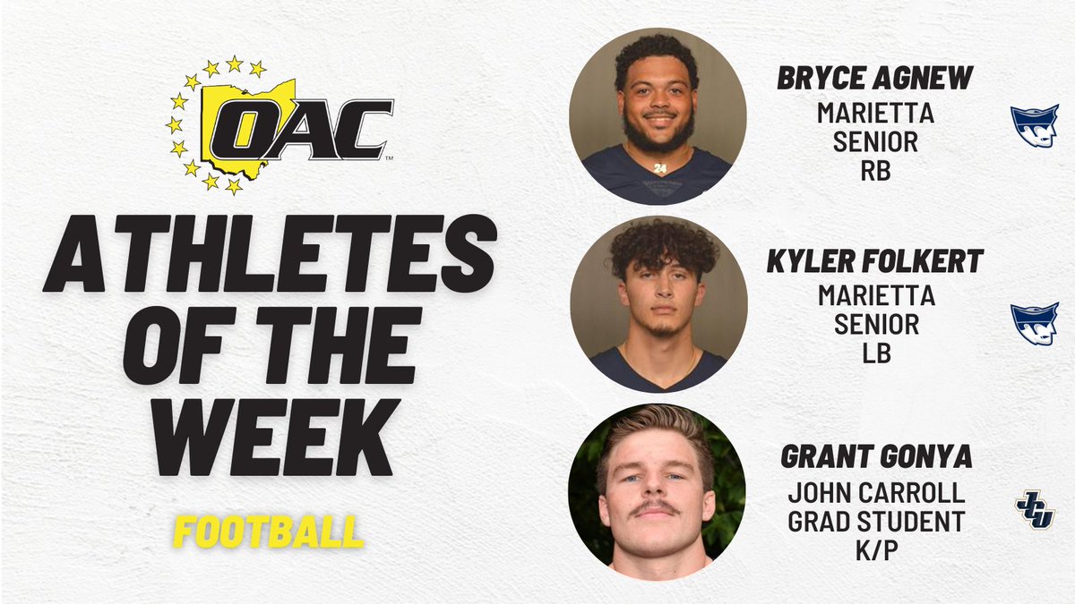 OHAthleticConf's tweet photo. Athletes of the Week | Football
 
Bryce Agnew @MariettaPioneer 
Kyler Folkert @MariettaPioneer 
Grant Gonya @jcusports 
 
https://t.co/NqSiTRTRtt
#OAC #OACFootball https://t.co/9Zl0bpOr8P