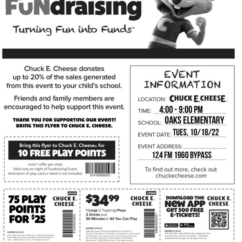 HumbleISD_OE's tweet photo. Oaks PTO meeting rescheduled for today @ 6:00 pm in the cafeteria. You can also view the livestream on Oaks PTO FB page.

Also join us tomorrow for our Spirit night at Chuck E. Cheese!! Bring the attached flyer! https://t.co/zHEoadt6G3