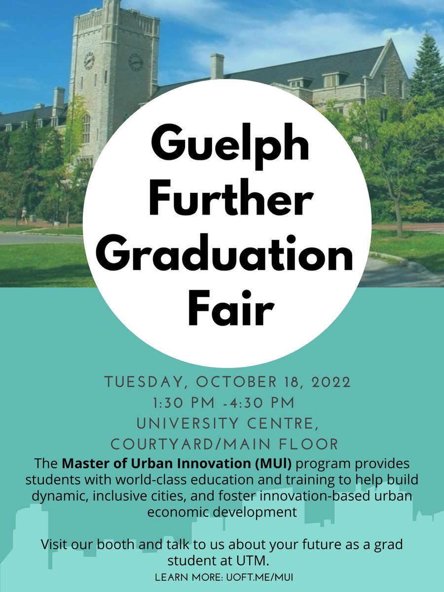 MUI_UofT's tweet photo. We will be at the @uofg Further Graduation Fair tomorrow, Oct 18, 2022. Come see our booth and talk about all things #urbanpolicy #urbandev #economicdev #smartcities and #innovation. https://t.co/JYEe8EX4It