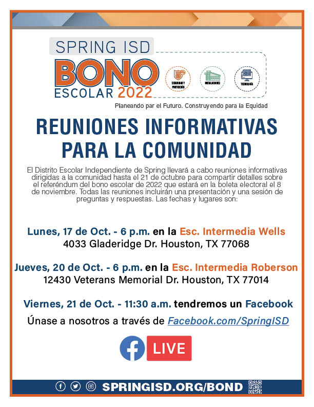 SpringEspanol's tweet photo. ¿Tiene preguntas sobre el #SpringBond2022? ¡Asegúrese de asistir a una de las siguientes reuniones informativas sobre el bono 2022! HOY: a las 6pm en
@WellsWolverines, JUEVES: a las 6pm en
@RobersonSpring y VIERNES: Facebook Live. 💻 https://t.co/bGyqF18Ga5