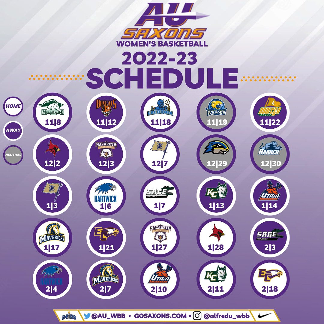 It’s here!!!! We’re proud to announce our 2022-23 Schedule! 

➖Home Opener Tuesday 11/8 vs Morrsiville
➖Alfred Classic 11/18 &amp; 11/19
➖Empire 8 Action starts 12/2 
➖Lycoming Tournament 12/29 &amp; 12/30

Follow along all season long ⬇️⬇️⬇️

gosaxons.com/sports/womens-…

#GOSAXONS⚔️