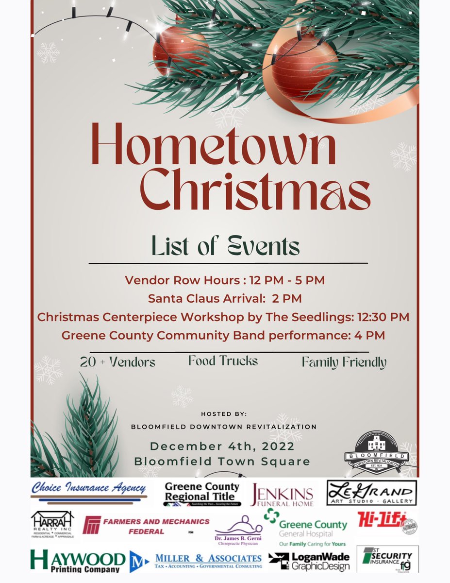BRevitalization's tweet photo. We are 48 days away from the annual Bloomfield Hometown Christmas! 

Check out this years poster below ⬇️ 
Make sure after you hit the “Like” button, you hit “Share” so all of your family and friends can catch a glimpse 😉

We are still accepting Craft Vendors at this time. https://t.co/xiMwrdIr9a