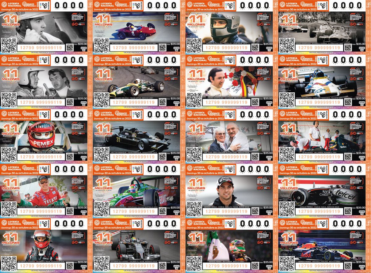 MRKONS's tweet photo. La Lotería Nacional se une a la celebraciones de los 60 años del primer GP de México con una emisión de billetes para el Sorteo Especial del Zodiaco del 30 de Oct.
Grandes rostros de pilotos y gente importante del automovilismo en 🇲🇽 aparecen en ellos.
Hay que comprar. @lotenal https://t.co/3bNuTblOcg