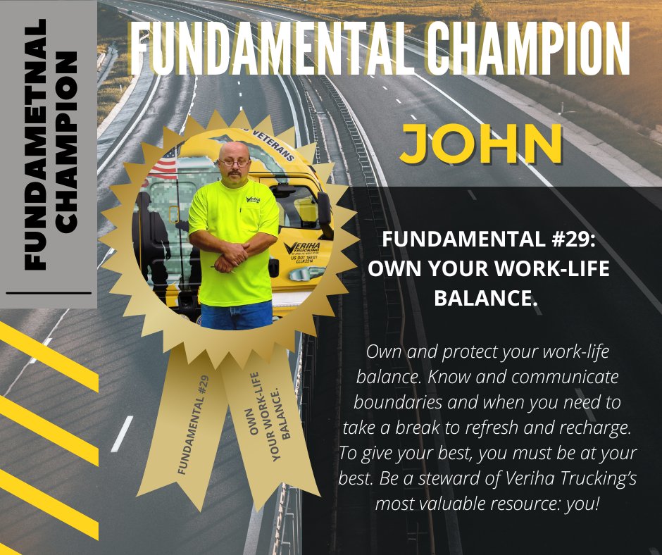 VerihaTrucking's tweet photo. "John works hard as a driver but balances by also working hard as a husband, father, and community member. His pride in both is often shared on his FB page. " - Tricia O.π£Congratulations John!ππ€© FUNDAMENTAL #29: OWN YOUR WORK-LIFE BALANCE.
#Verihatrucking #Verihavip #Veriha https://t.co/sUKupW0gYg