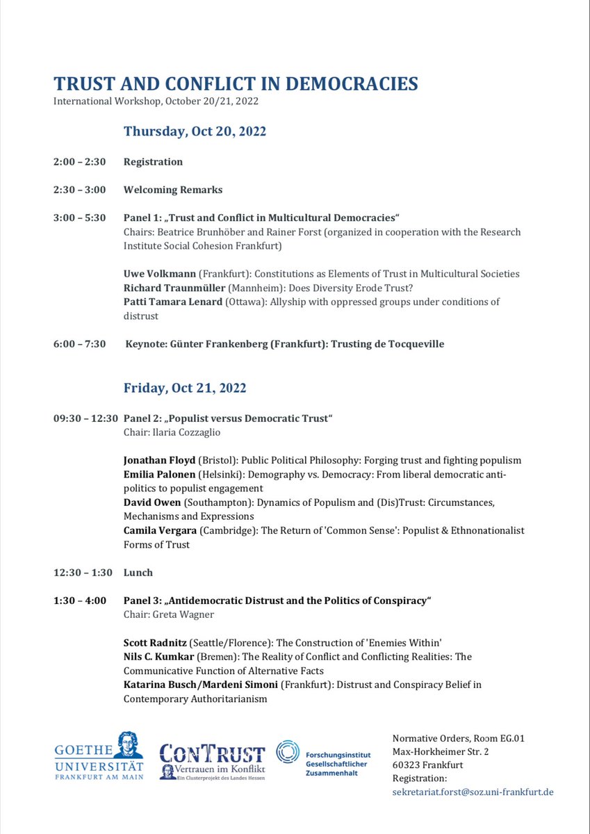 This week in Frankfurt with a panel on 'Antidemocratic Distrust and the Politics of Conspiracy' with @vogelflug, @Sradnitz and many others @normativeorders #ConTrust