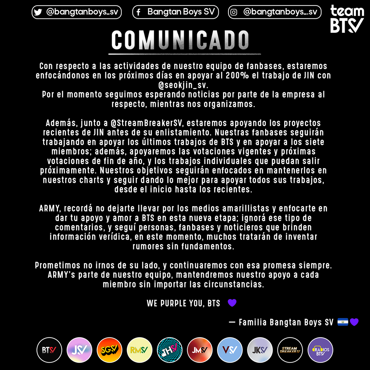 bangtanboys_sv's tweet photo. [COMUNICADO]

Leer completo. #ForeverWithBTS 

— Team Bangtan Boys SV 💜
@svkimnamjoon @seokjin_sv @minsuga_sv @sv_jhope @svparkjimin @taehyungkimsv @jungkook_sv @StreamBreakerSV @radiosbtsv https://t.co/48NEe0KhyN