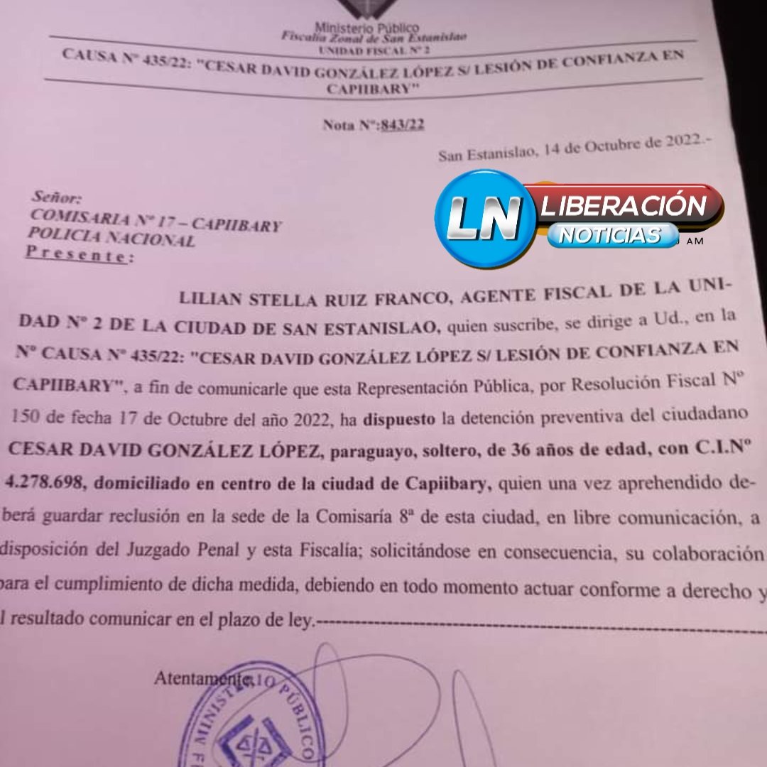 LibeNoticias's tweet photo. #AHORA🛑
 Ordenan detención del intendente de #Capiibary

La Fiscalía ordenó la detención de César David González López. 

El cargo sería por "Lesión de Confianza" https://t.co/PXOU1BHCt3