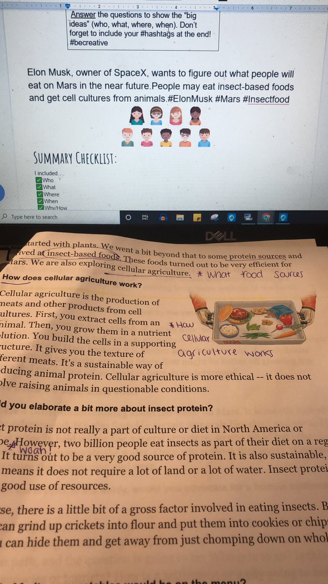 teachingwithms3's tweet photo. Our 5th graders are learning to write summaries as tweets using our  @Newsela article - What will humans eat on Mars? The kids love this assignment with @MooseTeach, but they don’t love that @elonmusk’s company said insect-based foods would be a source! #Mars #LifeOnMars https://t.co/OiCfRB0tDK