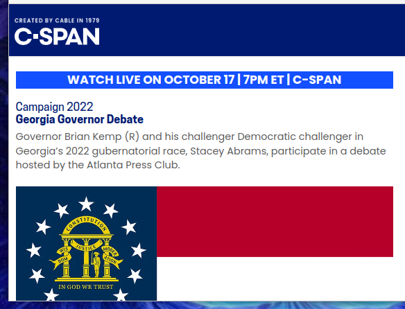 offgrid2010's tweet photo. Good news. C-SPAN is broadcasting the Georgia governor debate tonite at 7pm Eastern. I don't think you have to present any cable tv credentials to watch it but won't know until tonight. Go Stacy!! https://t.co/Ih3WuK4WDL