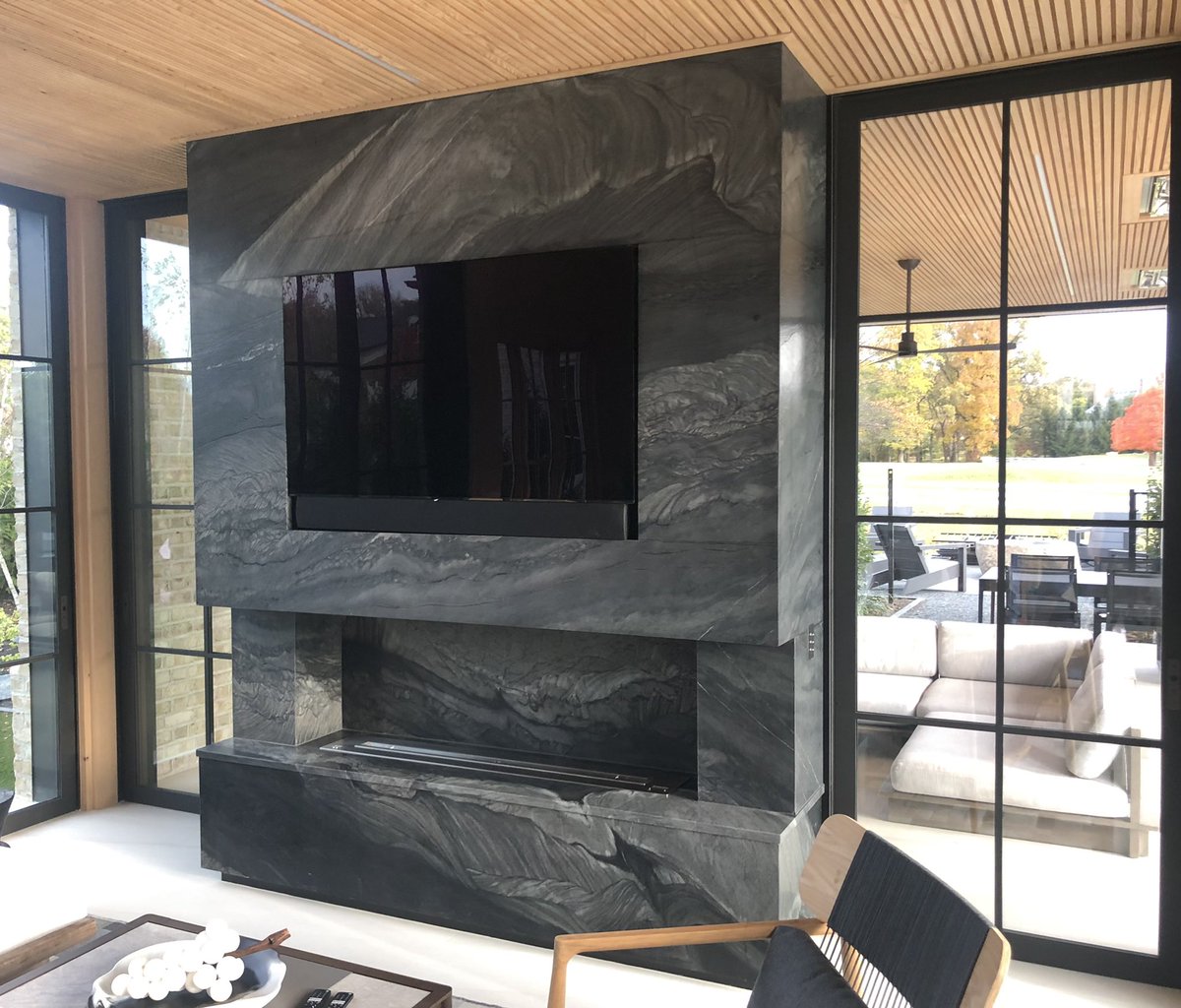 marbleandgranit's tweet photo. Installed today this 114” long Quartz Island Top with 3” thick mitered edging and (1) mitered waterfall end panel and put the finishing touches on numerous Black Fantasy Leathered Quartzite items we recently installed!! @MarbleInstitute @KBtribechat https://t.co/UnpRR0mIAl