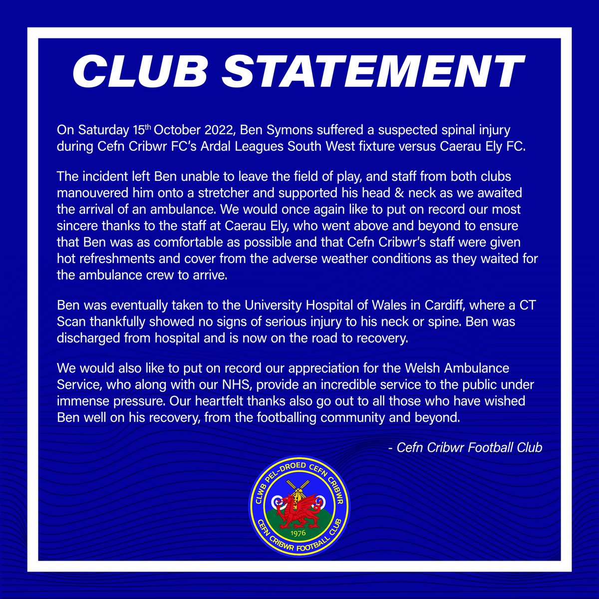 CefnCribwrFC's tweet photo. An official statement from Cefn Cribwr FC below, regarding Saturday’s @ArdalSouthern match vs. @CaerauElyFC : https://t.co/dEvUwe9LWk