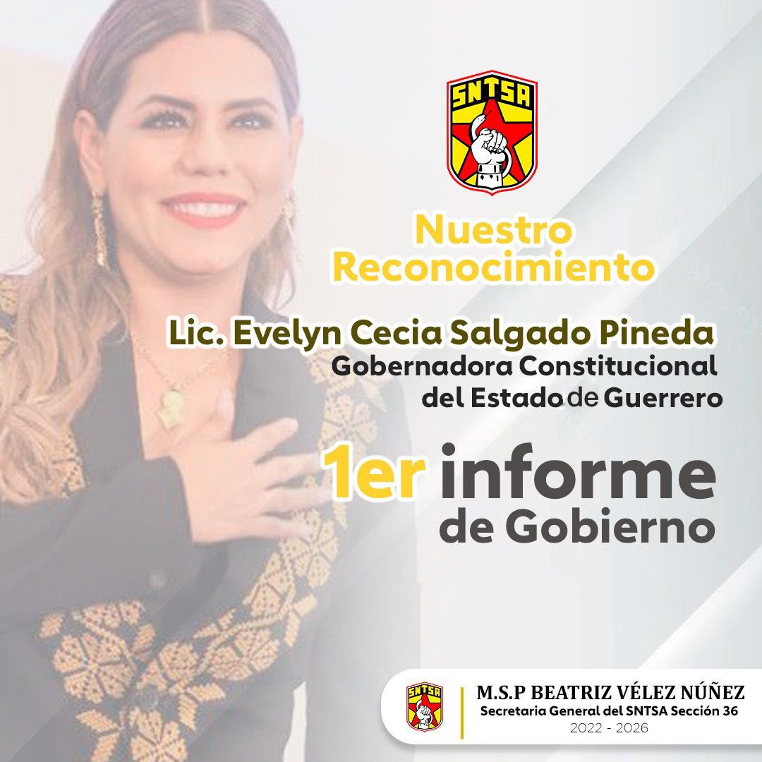 Los trabajadores de Salud, reconocemos y felicitamos a nuestra  Gobernadora Constitucional de #Guerrero, <a href="/EvelynSalgadoP/">Evelyn Salgado Pineda</a>, por su 1er. Informe de Labores.
La #Sección36 #SNTSA le refrenda el compromiso de seguir trabajando unidos a favor del gremio y de la salud de la población.