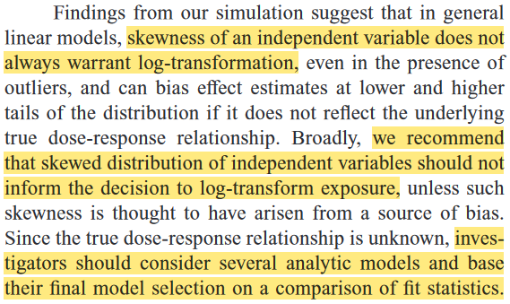When should we log-transform a skewed independent variable? This paper studied this question and provides specific suggestions.