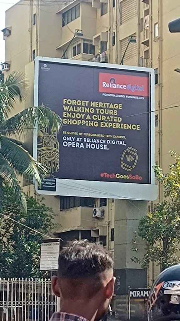 @RelianceDigital are you serious? It says on your billboard - Forget #heritagewalkingtours and enjoy a personalised guided tour of your tech store instead. Are you implying that #heritage #walks are not worth it compared to your curated shopping experience? I strongly disagree.