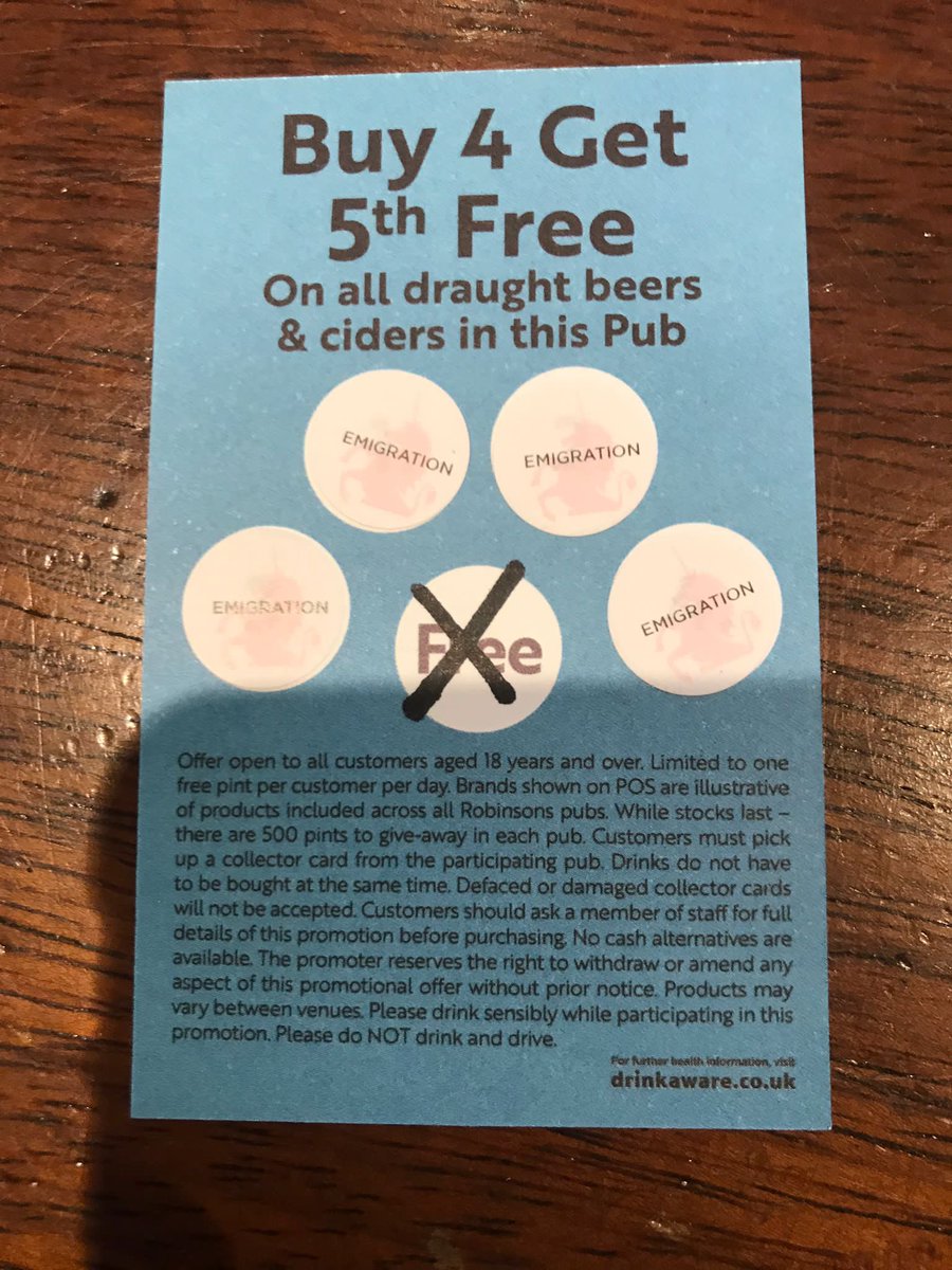 Buy 4 of the same pint and get 1 free!

Only 1 per day!

Only pints bought in the Emi!

You need a different card for each pub you visit! 🍺🍻