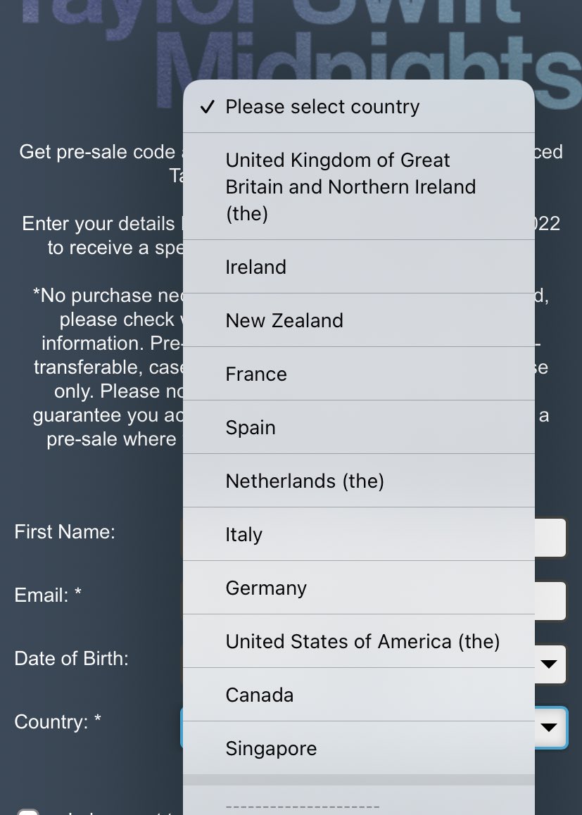 rincondeTaylor's tweet image. Al ir a introducir los datos de registro para el código de pre-acceso, en el campo de país, aparecen una lista predeterminada en la parte superior..., entre ellos, Españita.

No es por haceros ilusioBUENO SÍ, SÍ ES POR HACEROS ILUSIONES SÍ.