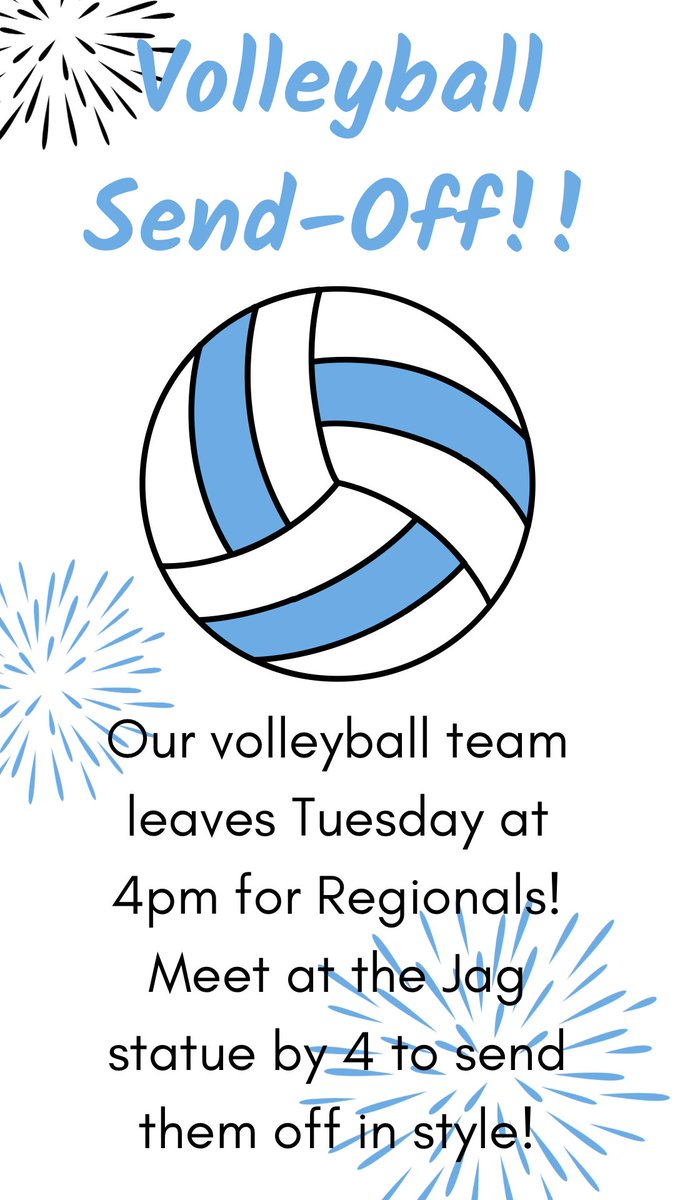 Meet us at The Jag at 4 to send off the volleyball team to Regionals!! <a href="/drjtevans/">Dr. J. Tygar Evans</a> <a href="/NHSVolleyball5/">Northridge Volleyball</a> <a href="/NHSJagAthletics/">Northridge Athletics</a> <a href="/TCSAthletics_1/">Athletics in TCS</a>