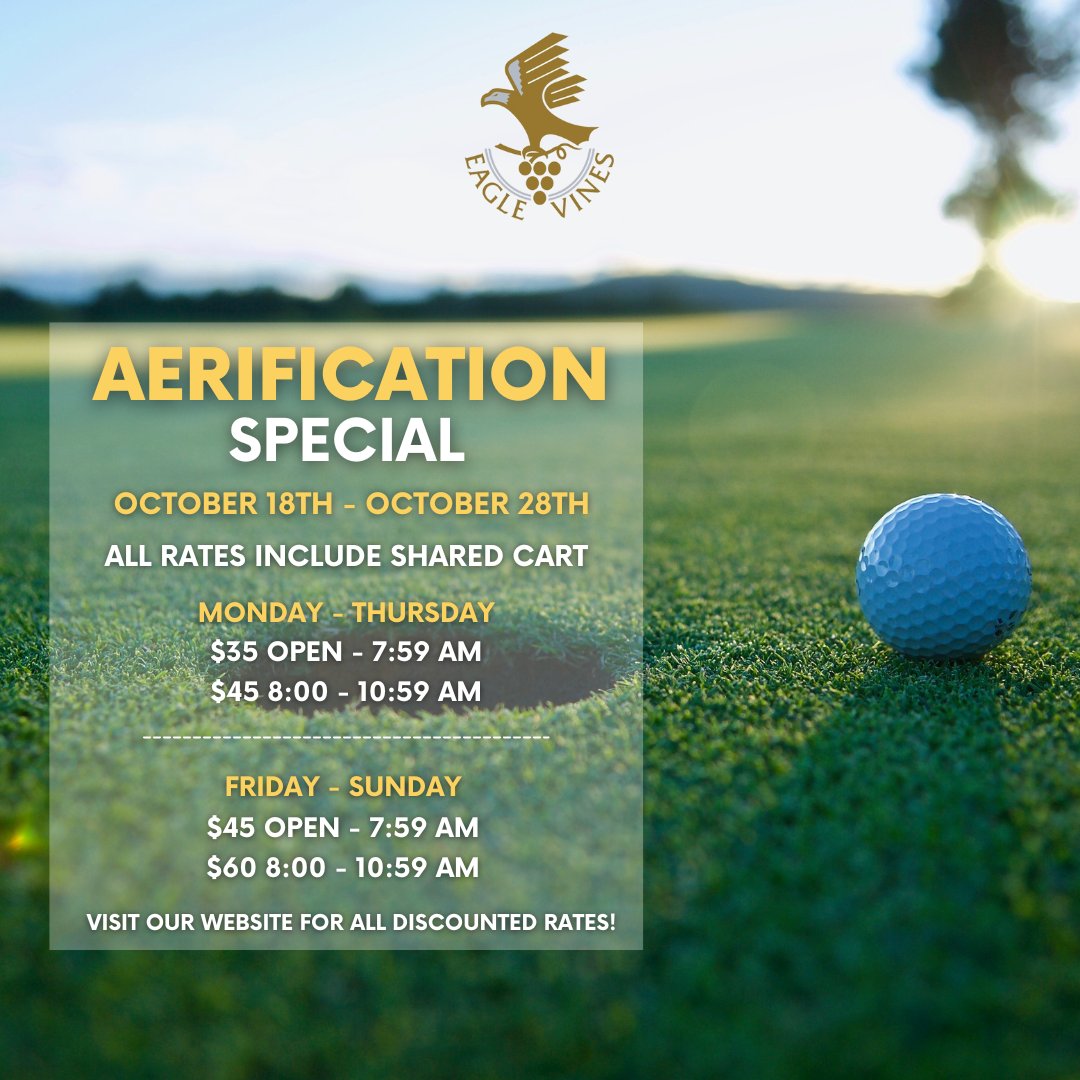 EagleVinesGC's tweet photo. Our fall aerification rates begin tomorrow! Book online now! ⛳ https://t.co/0zS39ap88o