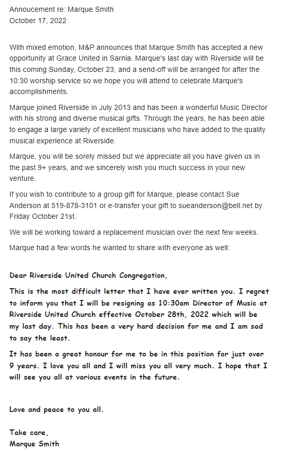 An announcement from Ministry and Personnel regarding our 10:30 Music Director, Marque Smith.

#ldnont #UCCan