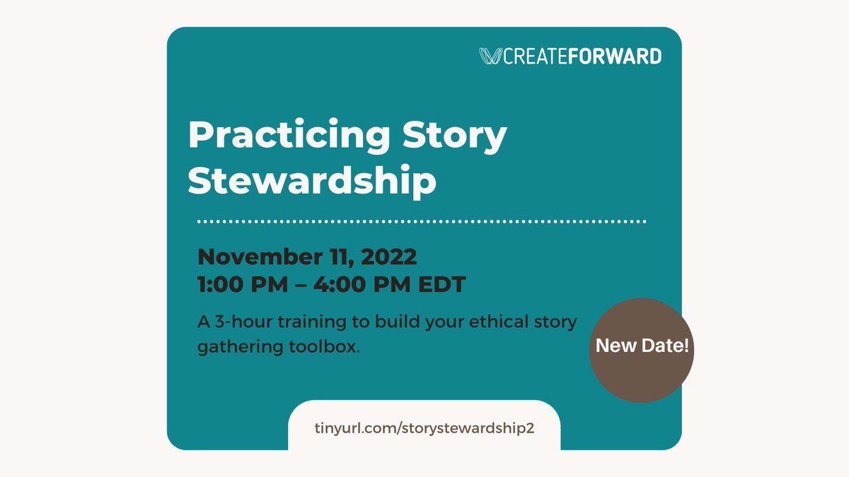 forward_create's tweet image. New Date! Join us Nov 11th 1-4pm ET for Practicing Story Stewardship. Facilitate a narrative process with empathy, intentionality, and care. The September session sold out so register ASAP. 
Registration here: eventbrite.com/e/practicing-s…