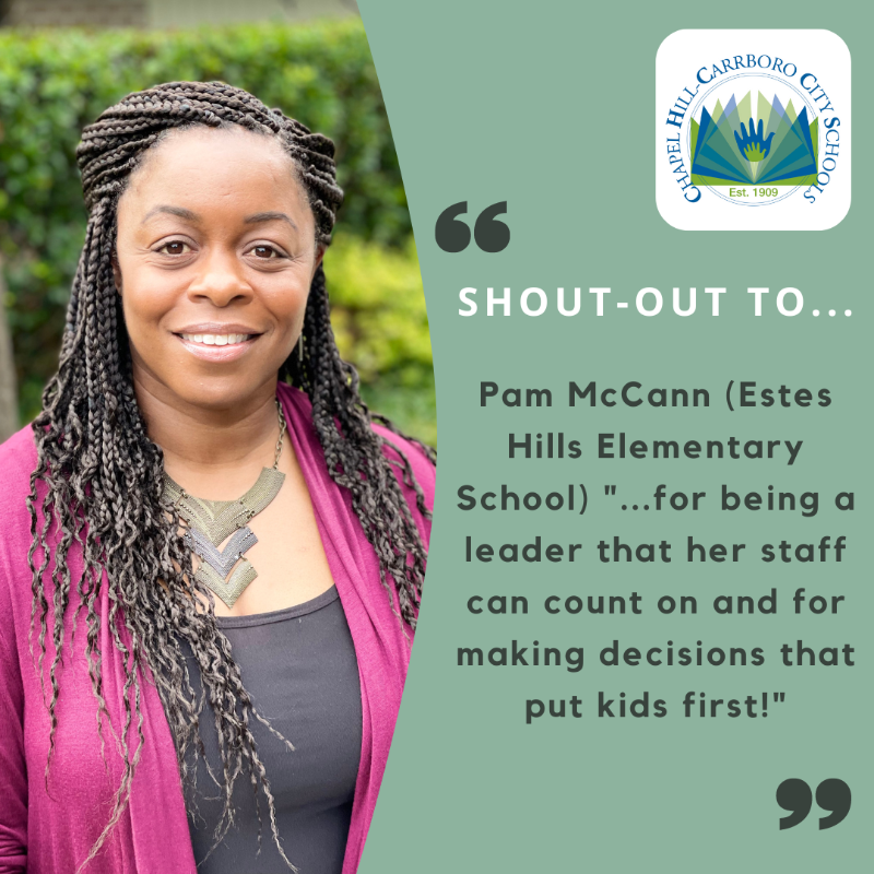 chccs's tweet photo. CHCCS principals were recently asked to write anonymous shout-outs for other CHCCS principals. Today, fellow principals are honoring Pam McCann, the principal at Estes Hills Elementary School. Add your own shout-outs for Principal McCann in the comments! https://t.co/n0dYEoIy14