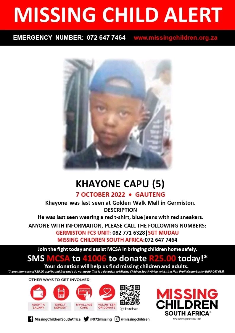 KatlegoDee2's tweet photo. Please help us find Khayo 
This is just an innocent child who's loved by the community 💔💔
#BokgaboPoo 
#MissingChild 
#BringBackKhayo https://t.co/HMDRYgP7kG