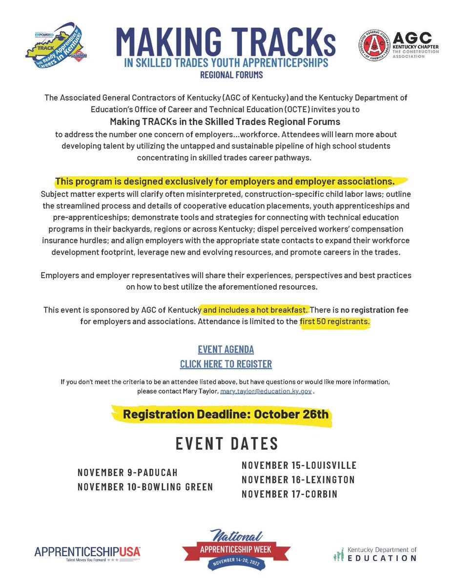KyEdandLabor's tweet image. Employers:
The Associated General Contractors of Kentucky and the Kentucky Department of Education invite you to attend a free regional skilled trades youth apprenticeship forum near you to learn more about
developing talent. (1/2)