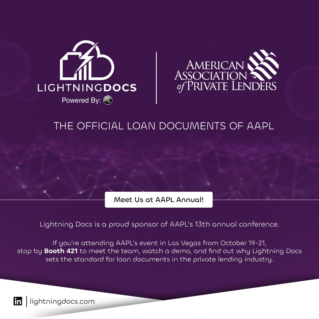 FortraLaw's tweet image. In case you missed it, #LightningDocs has been named the Official Loan Docs of The American Association of Private Lenders (AAPL). Created by Geraci LLP attorneys and partners, Lightning Docs sets the standard in #businesspurposeloan documents for the private lending industry.