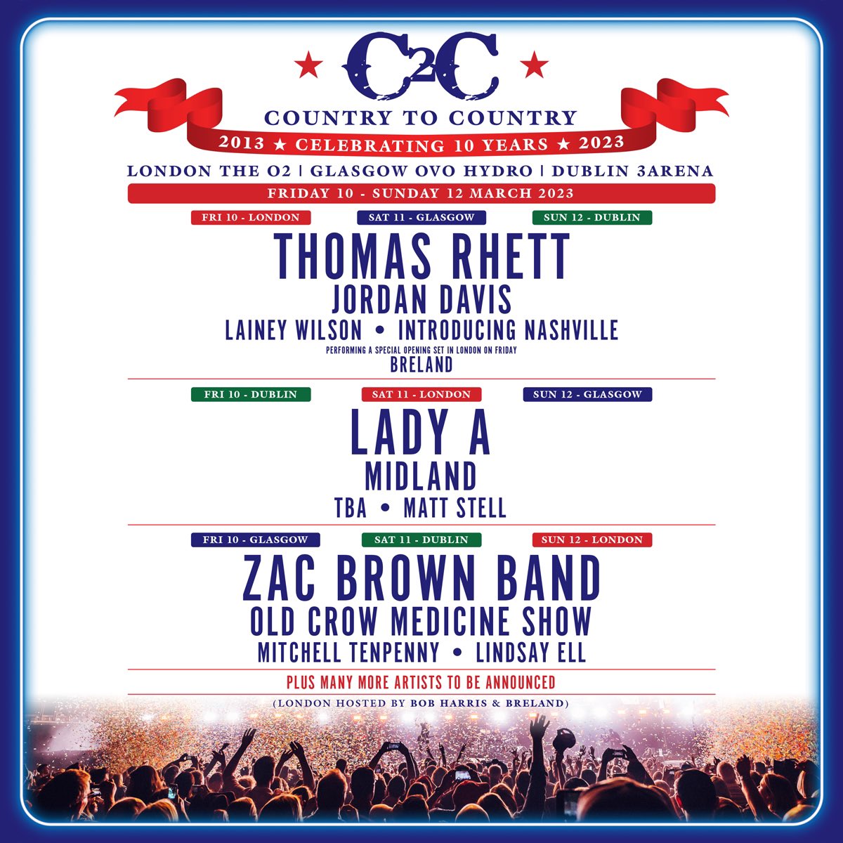 RouteTripUSA's tweet photo. BREAKING: @C2Cfestival have just announced their line up for the 2023 event. Excited? So are we! 🤩 

#c2c #country2country #countrymusic #countrymusicnews #ladya #livemusic #thomasrhett #zacbrownband #routetripusa #lindsayell #jordandavies #laineywilson https://t.co/FB1OvejZXg