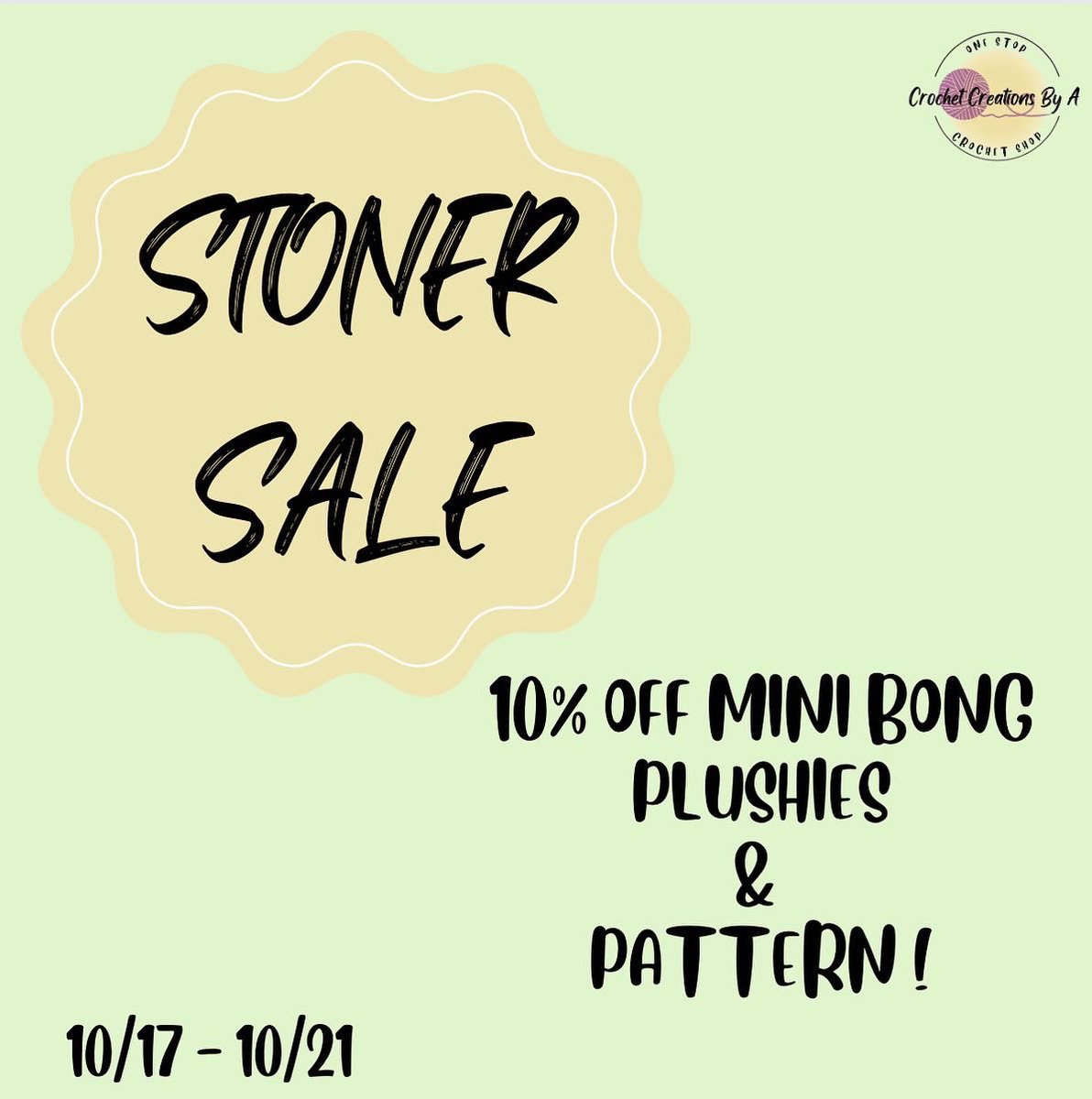 Crochet_ByA's tweet photo. Sale going on NOW!!
Today through Friday the 21st bong plushies and pattern will be 10% (and free shipping of course!)
Get yours now!!!!
.
.
.
#flashsale #stoner #crochetcreationsbya #fyp #etsy #supportsmallbusiness #friday #10 #weeksale #crochet https://t.co/9dxesqHfKs