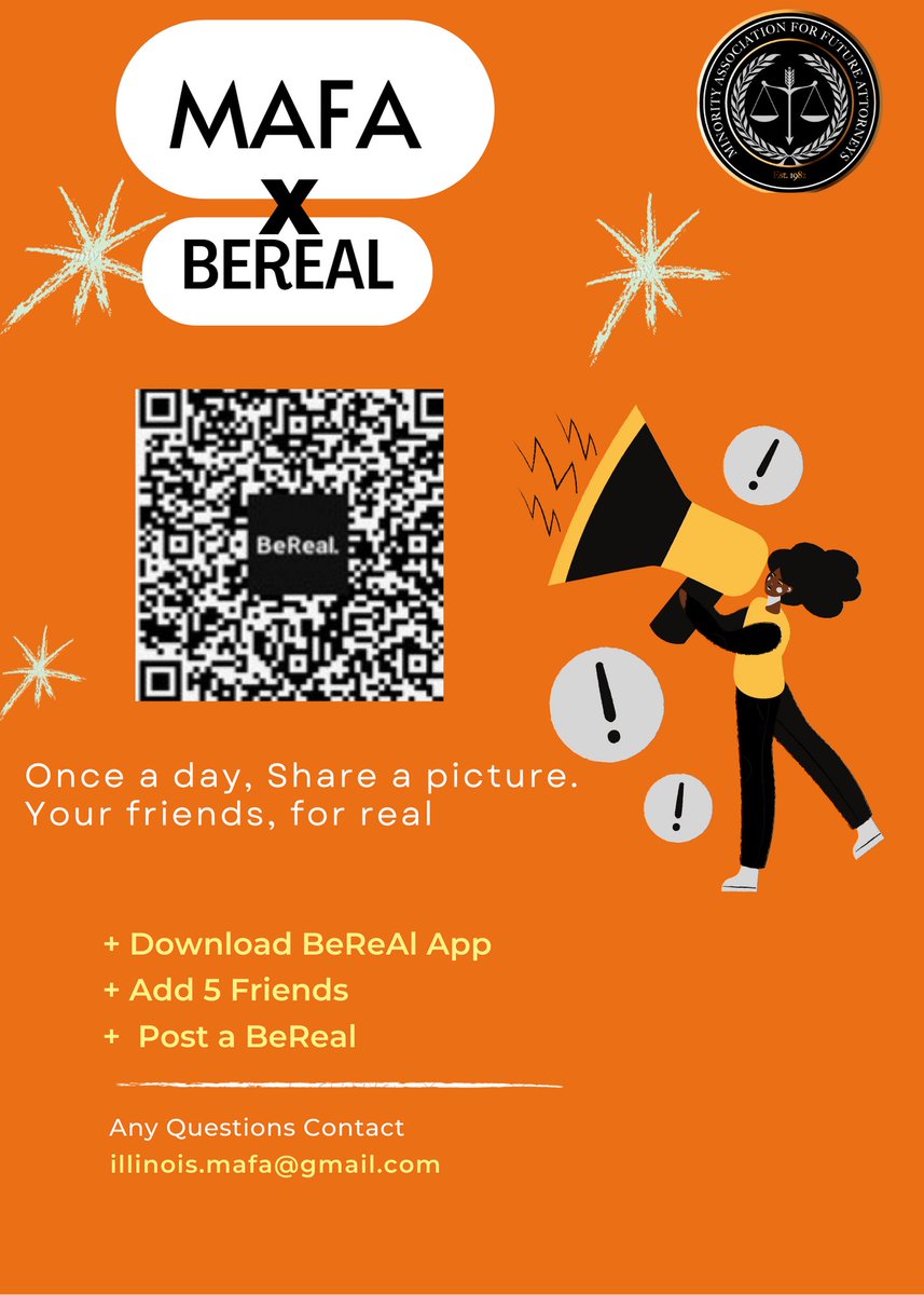 MAFA__UIUC's tweet photo. MAFA is partnering with the app BeReal to facilitate a fundraiser for our organziation. Share our flyer and ask friends and family to download the app with the stipulations on the poster. BeReal is a an app similar to SnapChat post once a day, living in the moment, being real. https://t.co/Dbq0nt2sOA