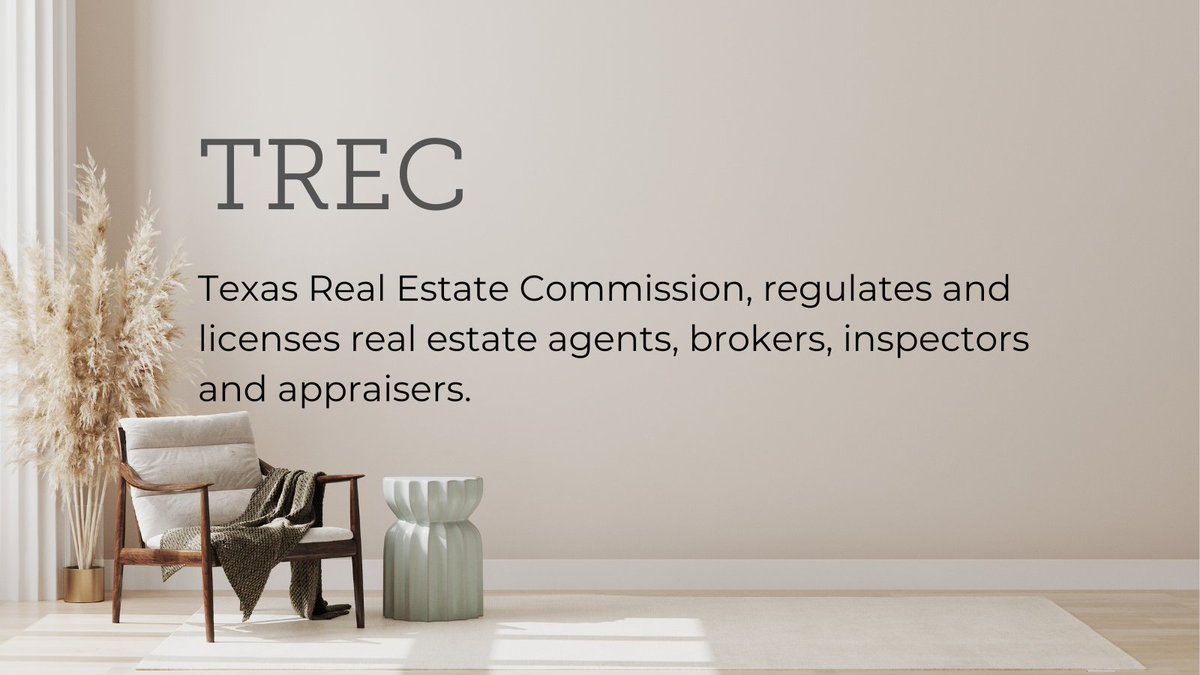 InhabitBCS's tweet photo. 📖Real Estate Vocabulary Term of the Day🤓
.
.
.
TREC: Texas Real Estate Commission. Regulates and licenses real estate agents, brokers, inspectors and appraisers. https://t.co/X2rI7hzgVv