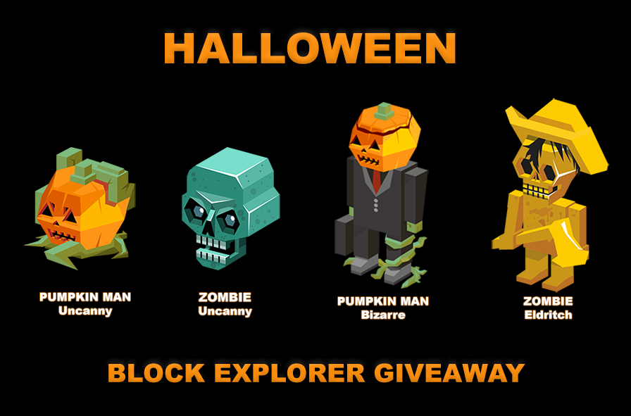 therealuplando's tweet photo. Week Long BLOCK EXPLORER #NFTGiveaway! 
Follows Unlock BE Prizes Below
☑️Follow @therealuplando
☑️Like &amp; RT
☑️Comment w/ Your #Upland IGN
  50 Follows =  Pumpkin Man Bizarre
100 Follows =  Vampire Midnight Body
150 Follows =  Freakshow Clown Body
200 Follows =  Zombie Eldritch https://t.co/czYRhyByoE