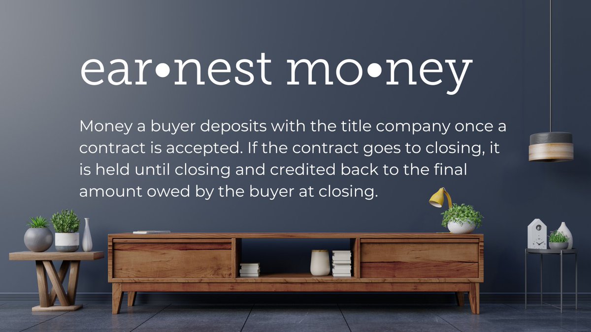 InhabitBCS's tweet photo. 📖Real Estate Vocabulary Term of the Day🤓
.
.
.
Earnest money: Money a buyer deposits with the title company once a contract is accepted. If the contract goes to closing, it is held until closing and credited back to the final amount owed by the buyer at closing. https://t.co/4yqKB1yoGD