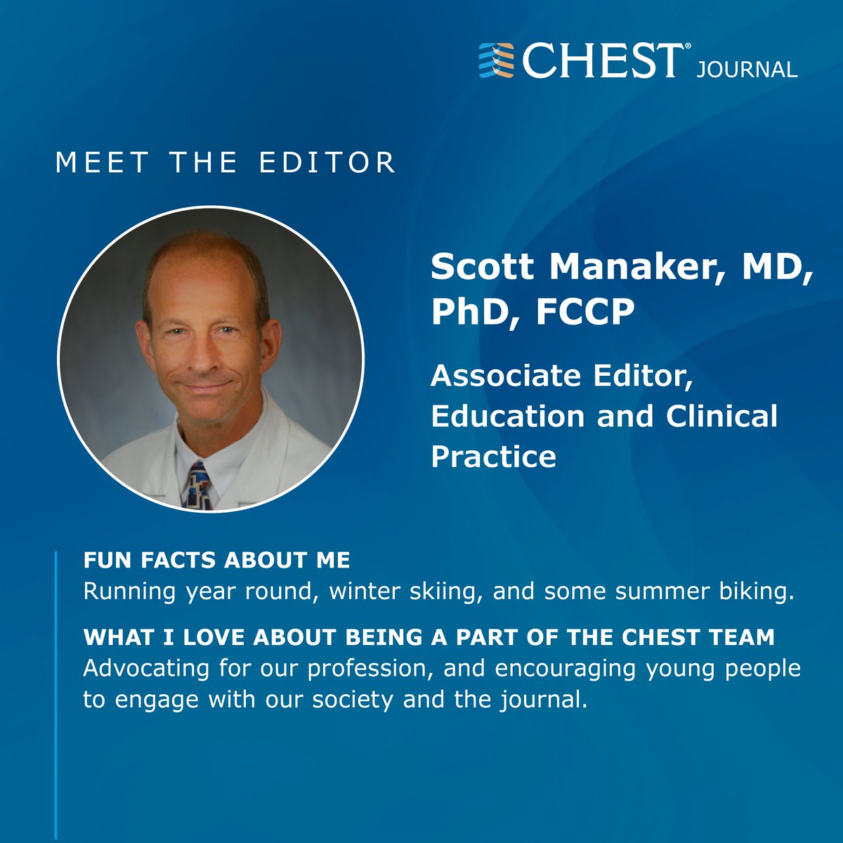 journal_CHEST's tweet photo. Associate Editor of Education and Clinical Practice, Scott Manaker, MD, PhD, FCCP, will be at the #CHESTjournal booth at 12:30 pm CT today. Come drop by to discuss the journal, manuscript submissions and clinical research. https://t.co/GdmbOdA897 #CHEST2022 #MedTwitter https://t.co/ibE0JT8RD0