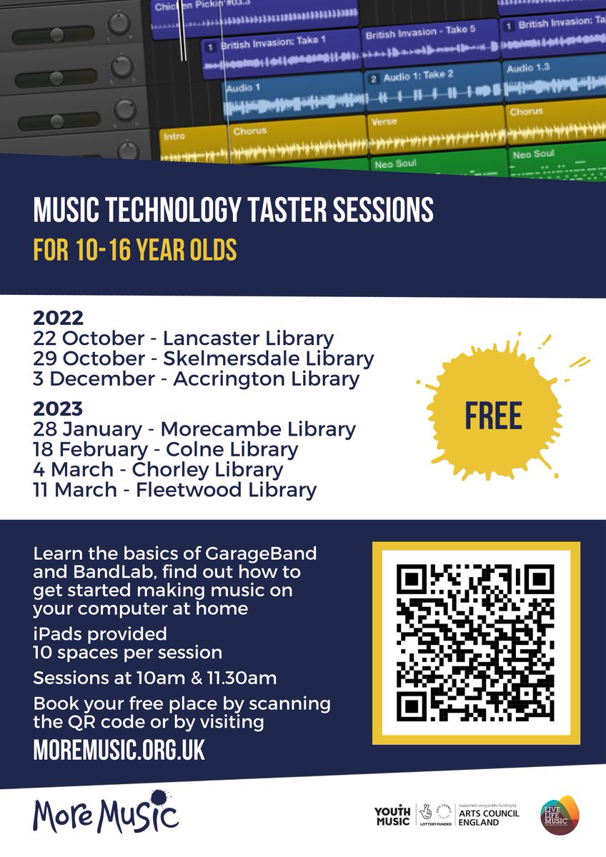 It's the first of our Music Technology Taster Sessions this Sat 22 Oct - 10am &amp; 11.30am at Lancaster Library. For 10 – 16 year olds. Free.

Come along &amp; learn the basics of GarageBand &amp; BandLab. Visit our website to see the full list of dates &amp; locations: moremusic.org.uk/whats-on/music…