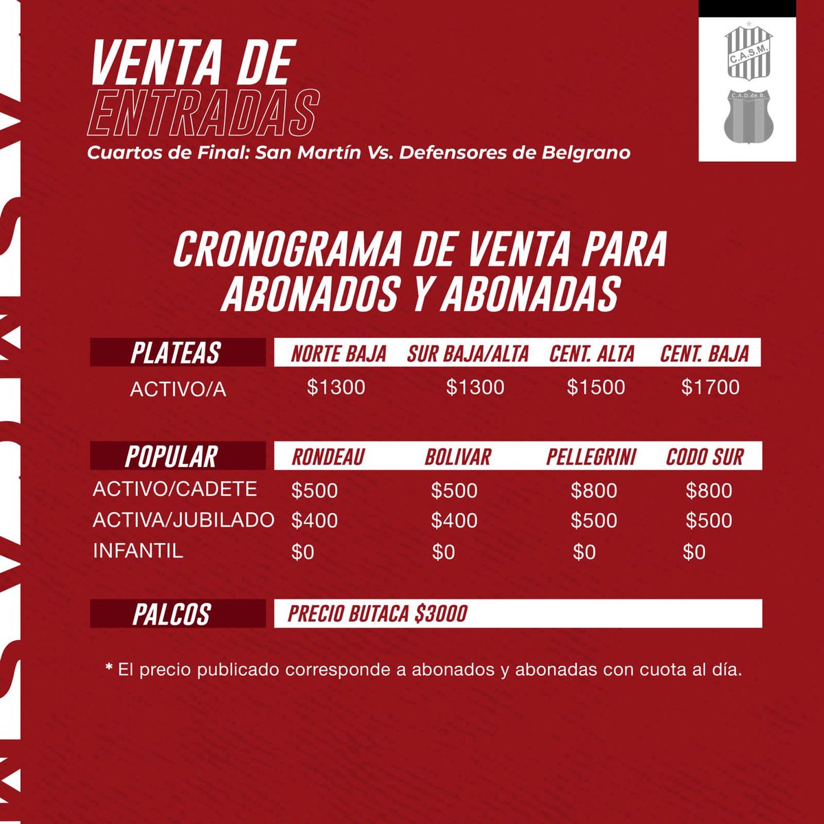 CASMOficial's tweet photo. 🔴⚪️ #PrimeraNacional 
VENTA DE ENTRADAS 

Inició la venta de entradas ÚNICAMENTE para las y los abonados con cuota al día. Los socios/as que no poseen abonos semestrales o anuales, podrán adquirir sus entradas a partir de mañana a través de la web social: https://t.co/EamHIxNHKk https://t.co/vC9JSU61Ph