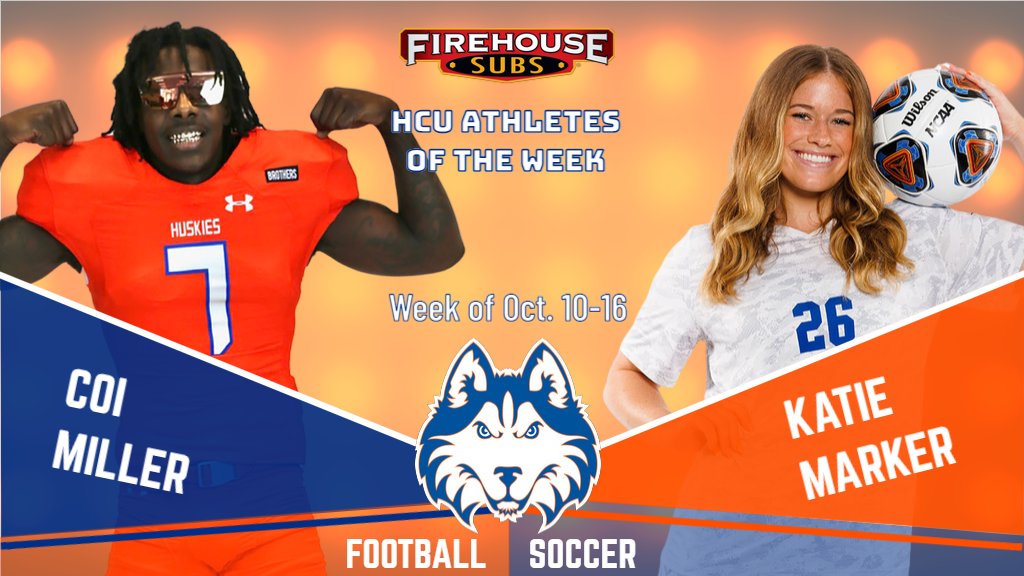🔥 A big #DawgsUp to the <a href="/FirehouseSubs/">Firehouse Subs</a> HCU Athletes of the Week for Oct. 10-16...⚽ <a href="/HCUWSoccer/">HCU Women's Soccer</a> junior midfielder Katie Marker (<a href="/katiemarker23/">katie marker</a>) and 🏈 <a href="/HCUFootball/">HCU Football</a> senior safety Coi Miller!
