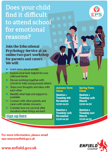 ENFIELDEPS's tweet photo. Are you a parent who’s child find it difficult to attend school for emotional reasons? Join the EPS in this two part workshop to learn more about EBSNA and find out more about support available in Enfield. Sign up here https://t.co/TpNURZ1dH7 https://t.co/d4M58snTVo