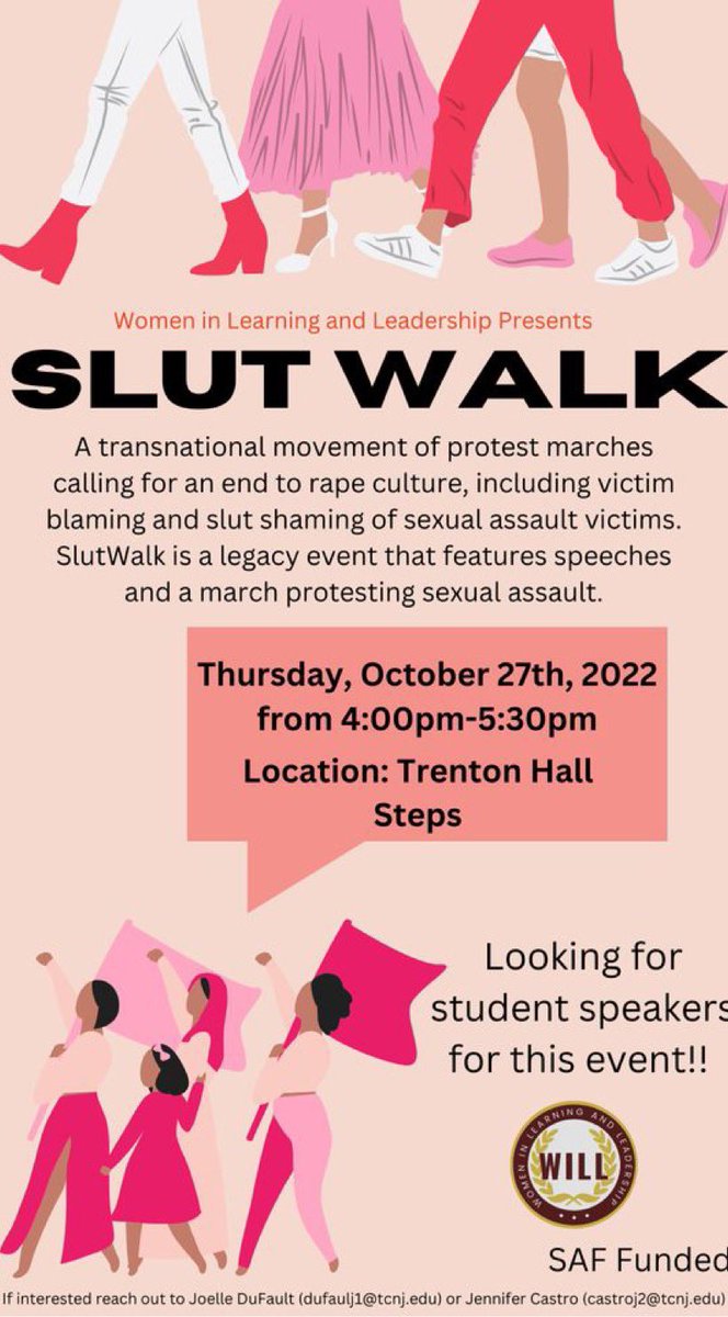 WILL_TCNJ's tweet photo. Join us for Slutwalk! This Thursday at 4:00 pm on the Trenton Hall steps!!

Sign up here to speak! 
https://t.co/6Fawzjs7XI https://t.co/OyYhgtgHzN