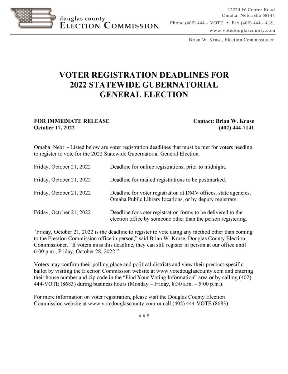 Friday 10/21 is 'remote' voter registration deadline for 11/8 election.  Friday is final day to register online, by mail, or at the DMV to register for the first time or for voters to update address.  More info: votedouglascounty.com/voter_registra…