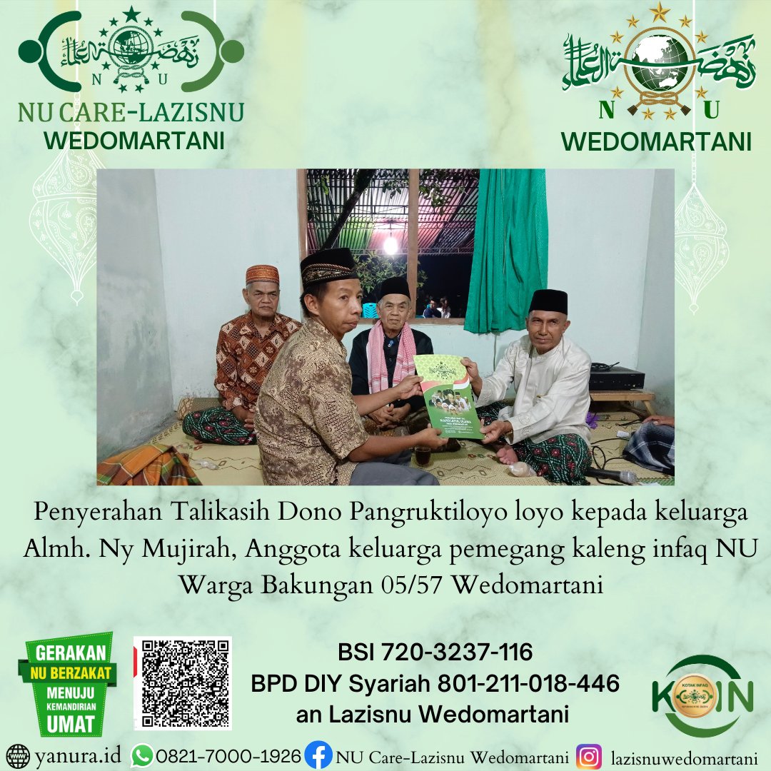 lazisnuwedo's tweet photo. Penyerahan Santunan Dono Pangruktiloyo kepada keluarga Shohibul musibah anggota pemegang kaleng infaq LAZISNU Wedomartani, Mudah"an Almarhumah Husnul khotimah, di terima amal ibadahnya, di ampuni segala dosanya dan keluarga yang di tinggalkan di paringi kesabaran dan ketabahan https://t.co/faY8yFgYxF