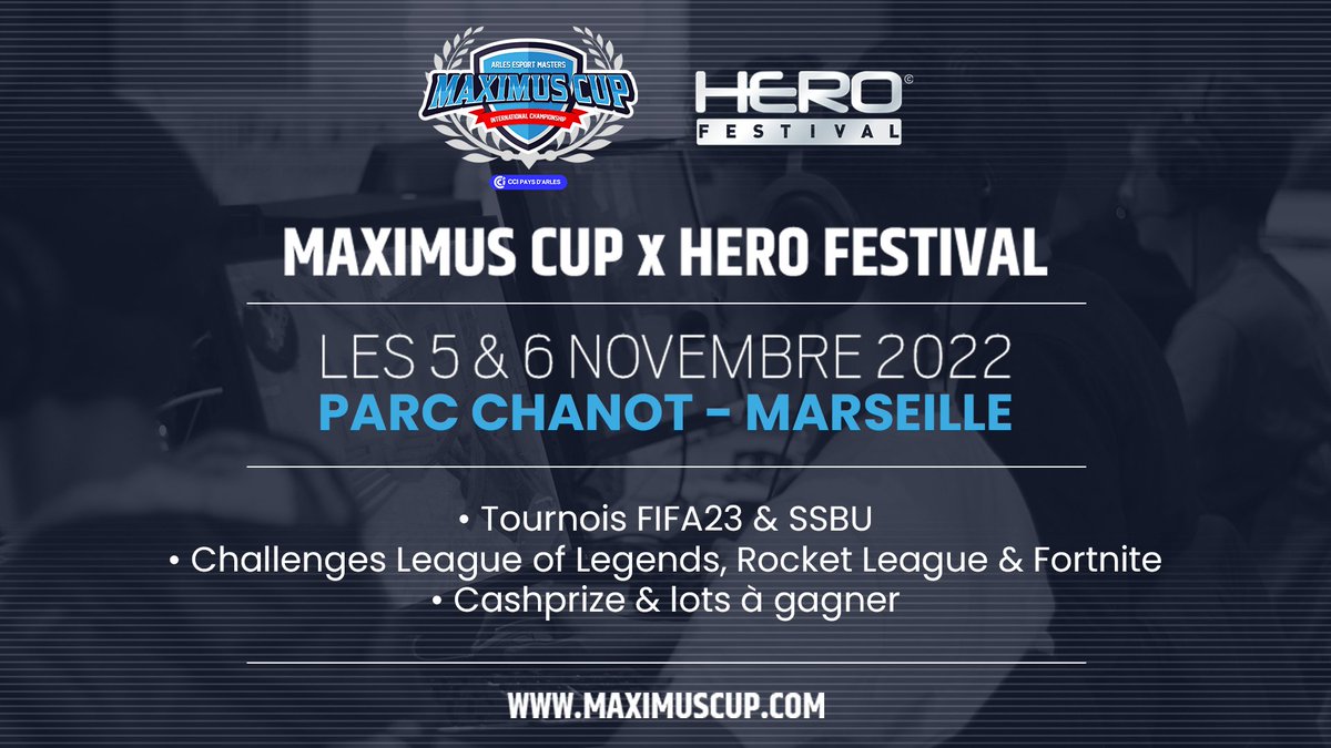 🔥 #MaximusCup revient au <a href="/HeroFestivalFR/">HeroFestival</a> 🦸‍♂️
🤯 Au programme : 2 #tournois #SBBU &amp; #FIFA23
Un challenge sur les jeux #LoL #RocketLeague &amp; #Fortnite.

🎁 Cashprize et lots à gagner

📍 Retrouve-nous les 5-6 novembre 2022 au Parc Chanot de Marseille 
🎟 Ouverture billetterie : soon