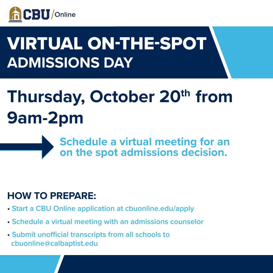 SolanoTransfer's tweet image. Are you interested in transferring to a fully online bachelor's program? CBU Online is offering an on-the-spot admissions day on Thursday, October 20th from 9am-2pm. To learn more, please visit the link in our bio or contact the Transfer Center at transfer@solano.edu.